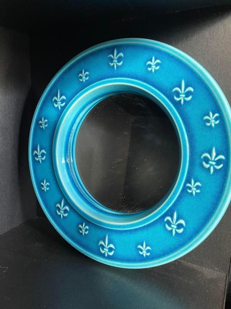 ティファニーブルー 壁掛け鏡 陶器 円形ミラー アンティーク　インテリア雑貨