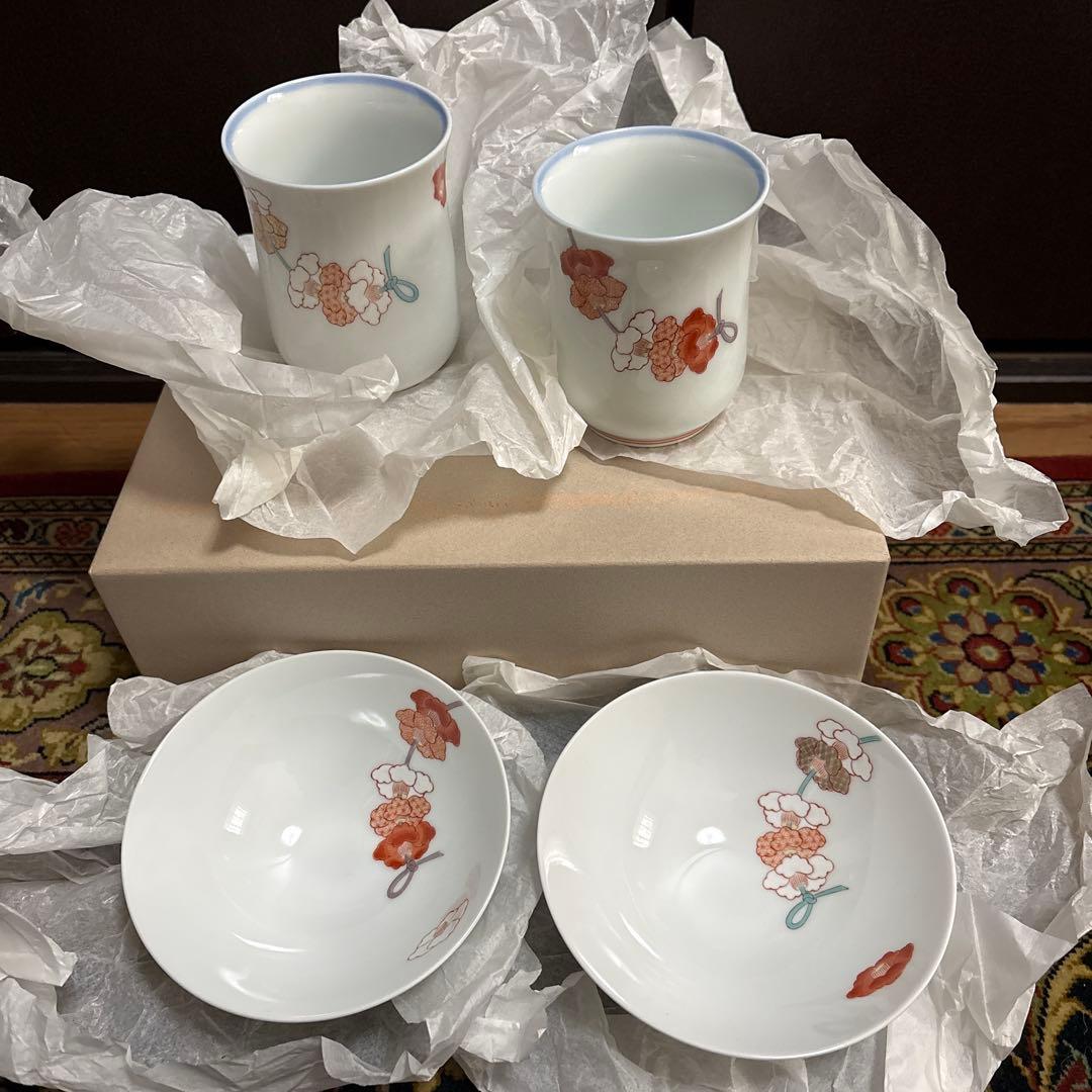 深川製磁　紅白花結び　4点　睦セット