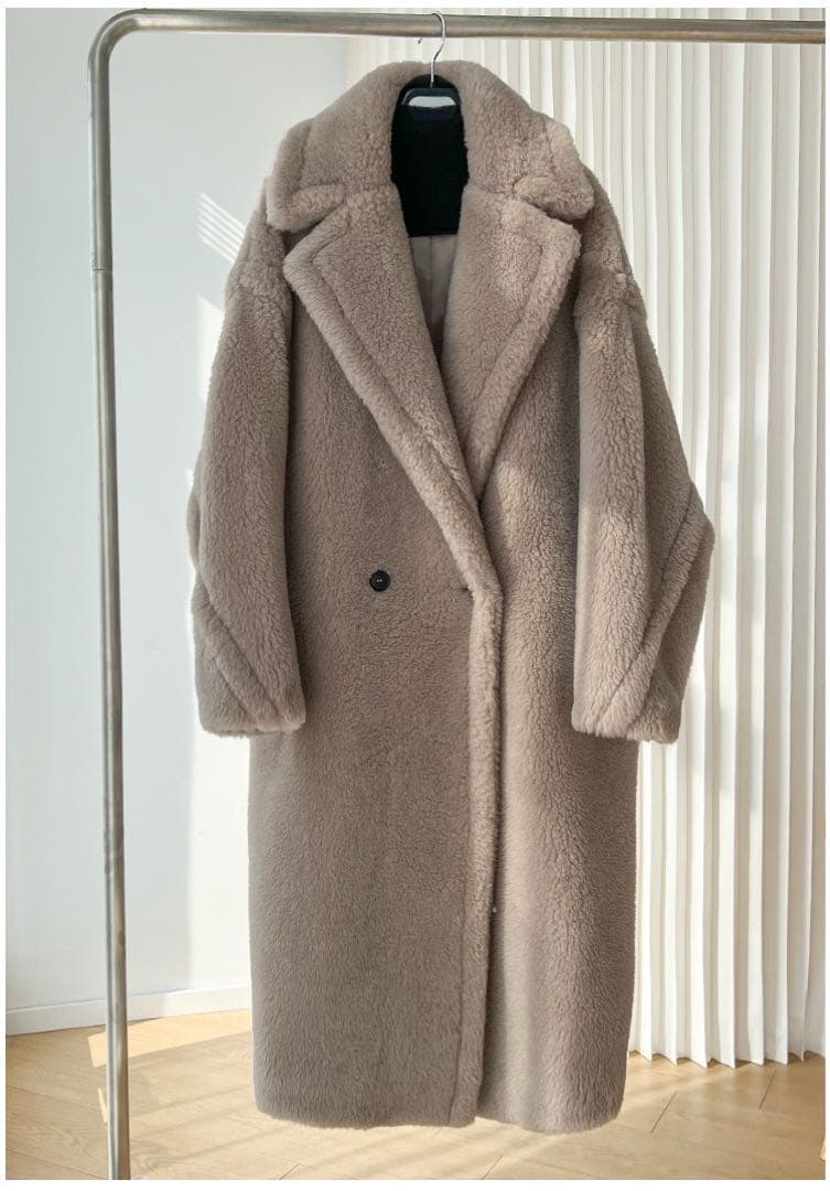 mintレディースアルパカ毛ロングコートふわふわ Mサイズベージュ系