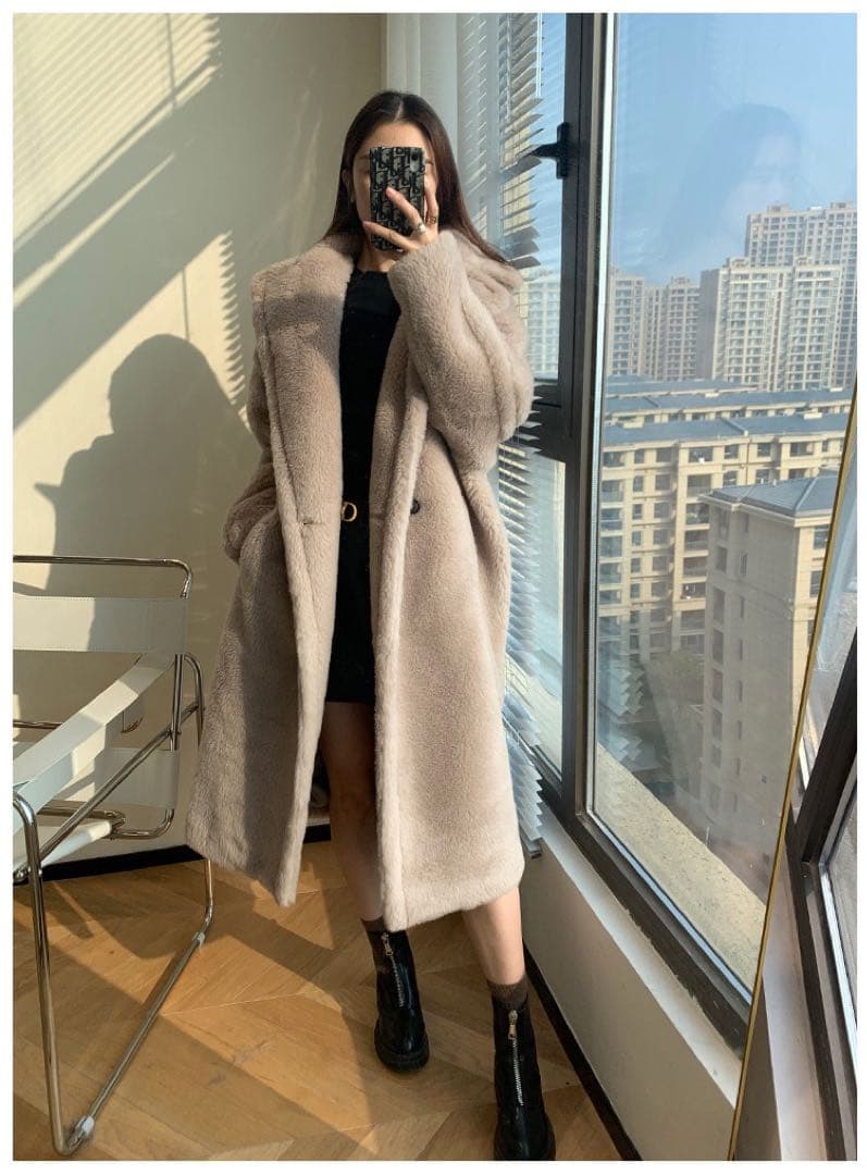 mintレディースアルパカ毛ロングコートふわふわ Mサイズベージュ系