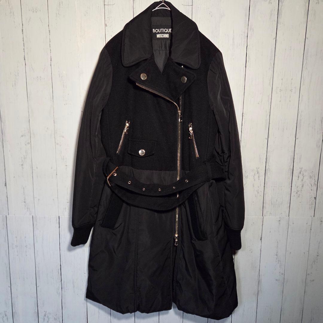 MOSCHINO ライダースコート ダウン ロング 異素材 切替 ウール 黒