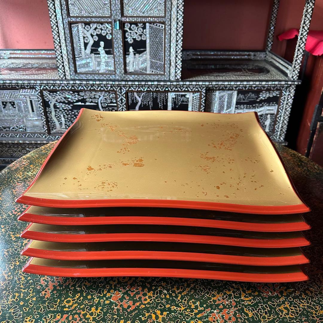 【美品】 清流盛器 色紙金箔渕朱 バイキング S•H塗 ABS樹脂 盛皿