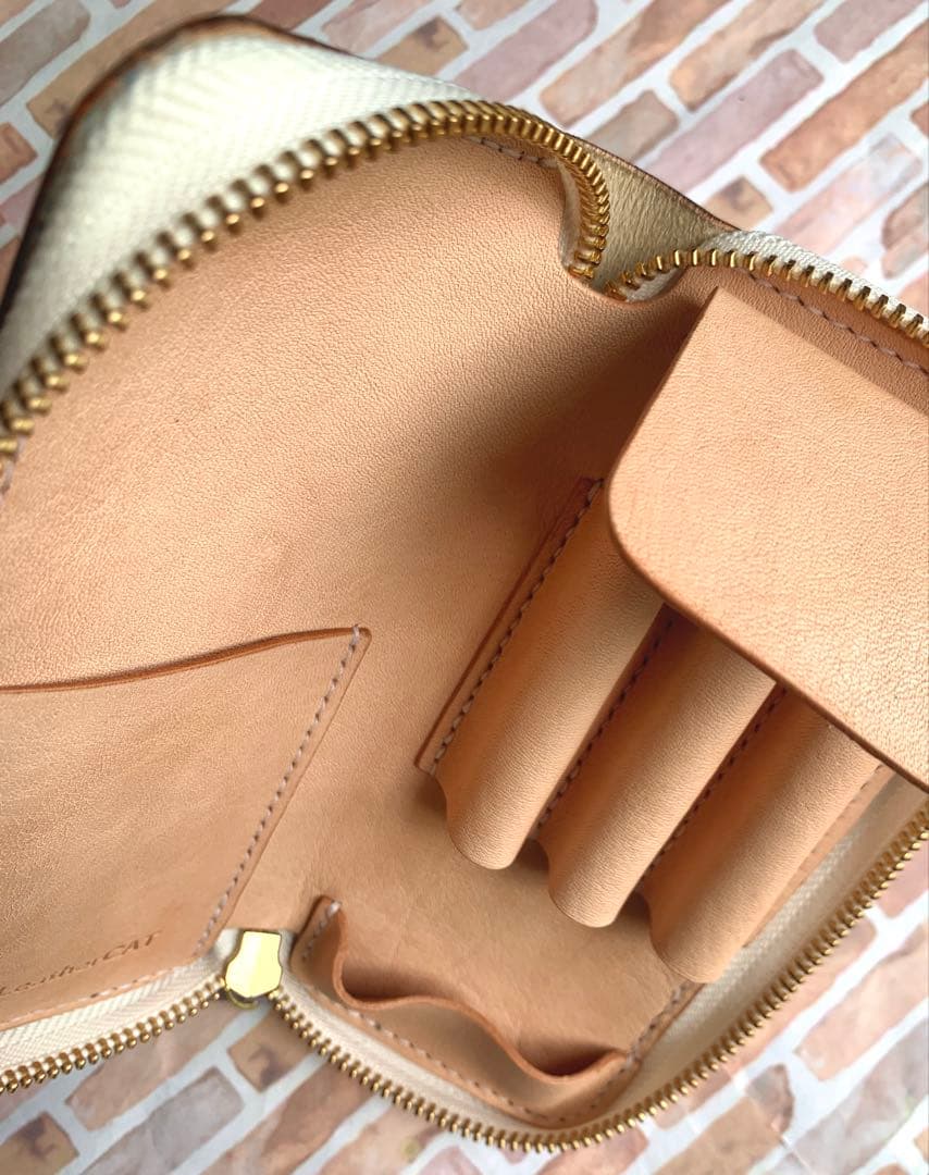 本革 3本挿しラウンドファスナーペンケース パープル 姫路レザー 手縫い