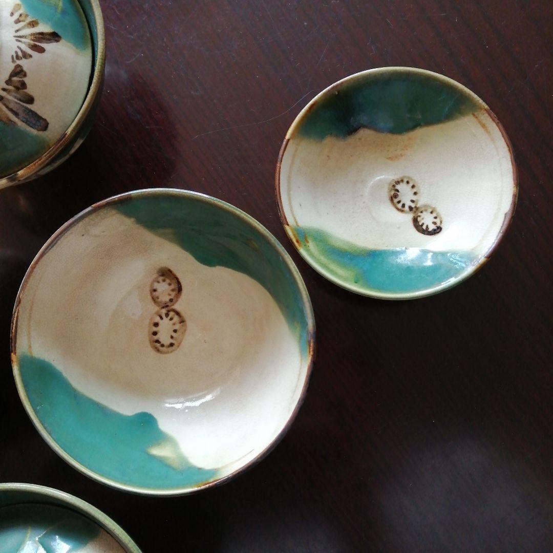 瀬戸焼　加藤作助　織部蓋茶碗　5客　大正～昭和初期