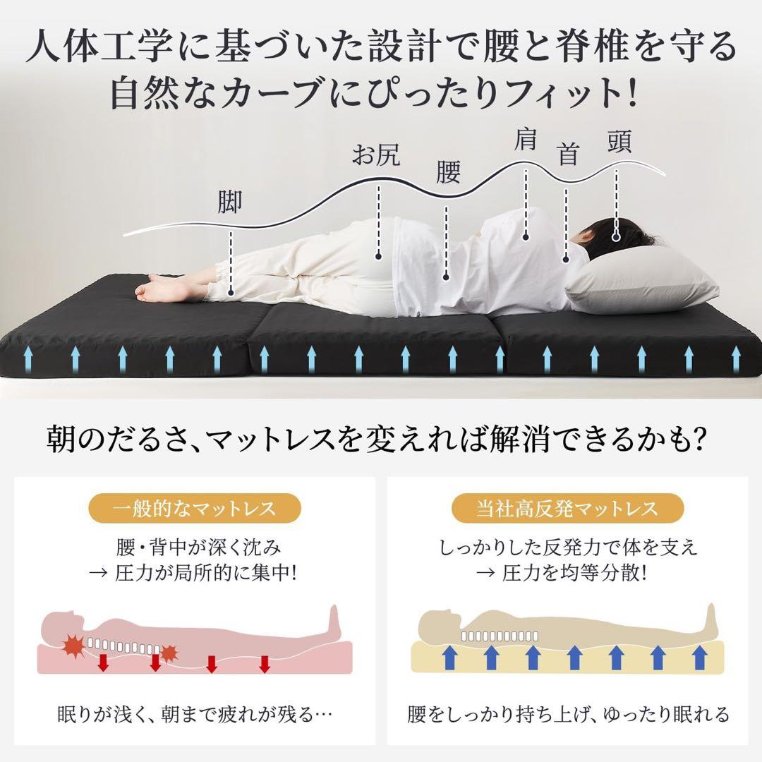 三つ折りマットレス ダブル 厚さ10cm 高反発 硬さ180N やや硬め 軽量