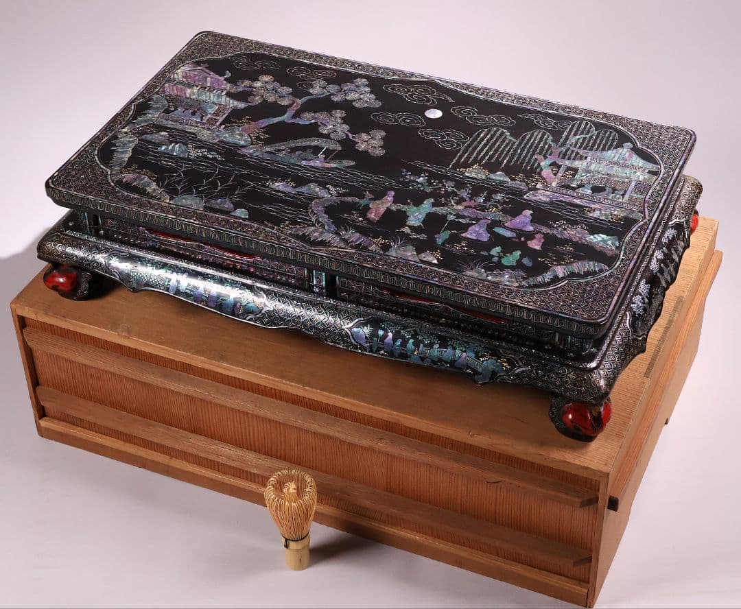 時代唐物 青貝螺鈿細工 楼閣人物 平卓 花台 香炉台 58cm 木製【MA624