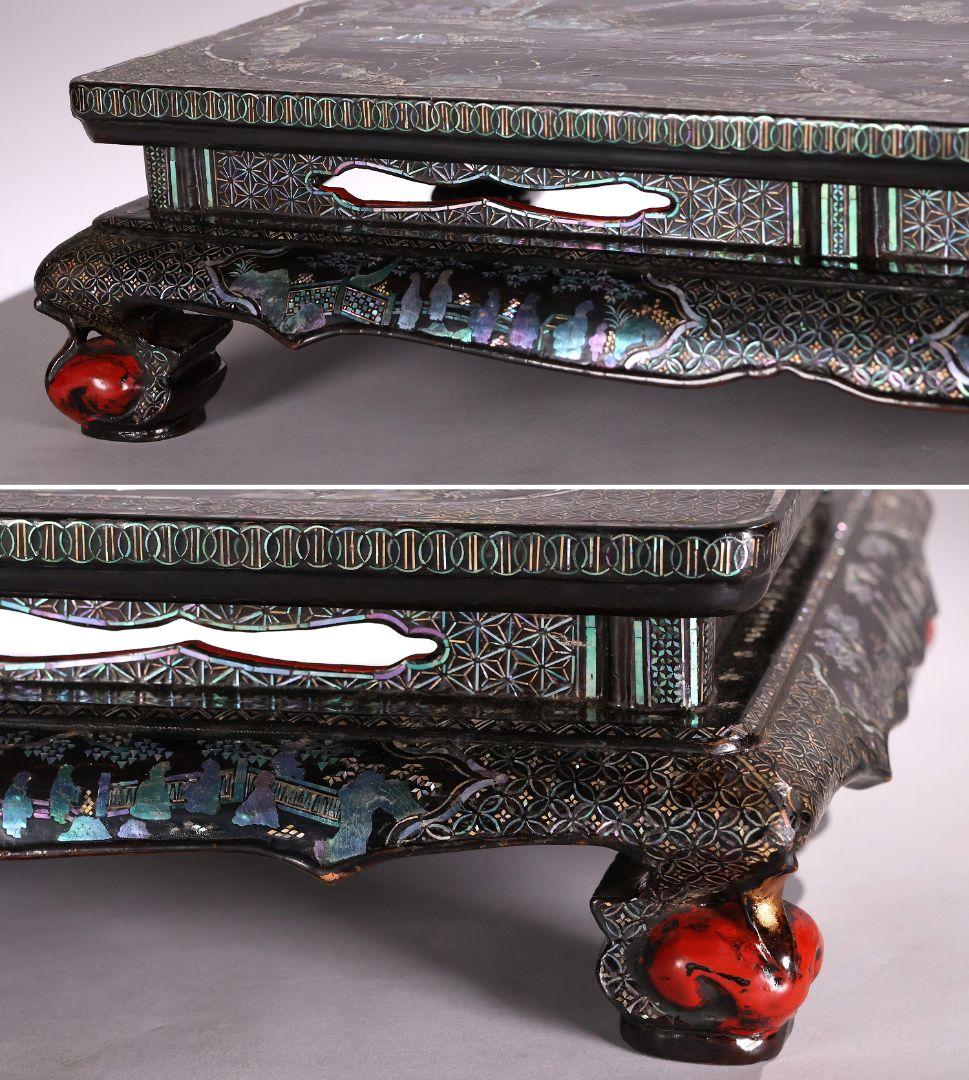 時代唐物 青貝螺鈿細工 楼閣人物 平卓 花台 香炉台 58cm 木製【MA624