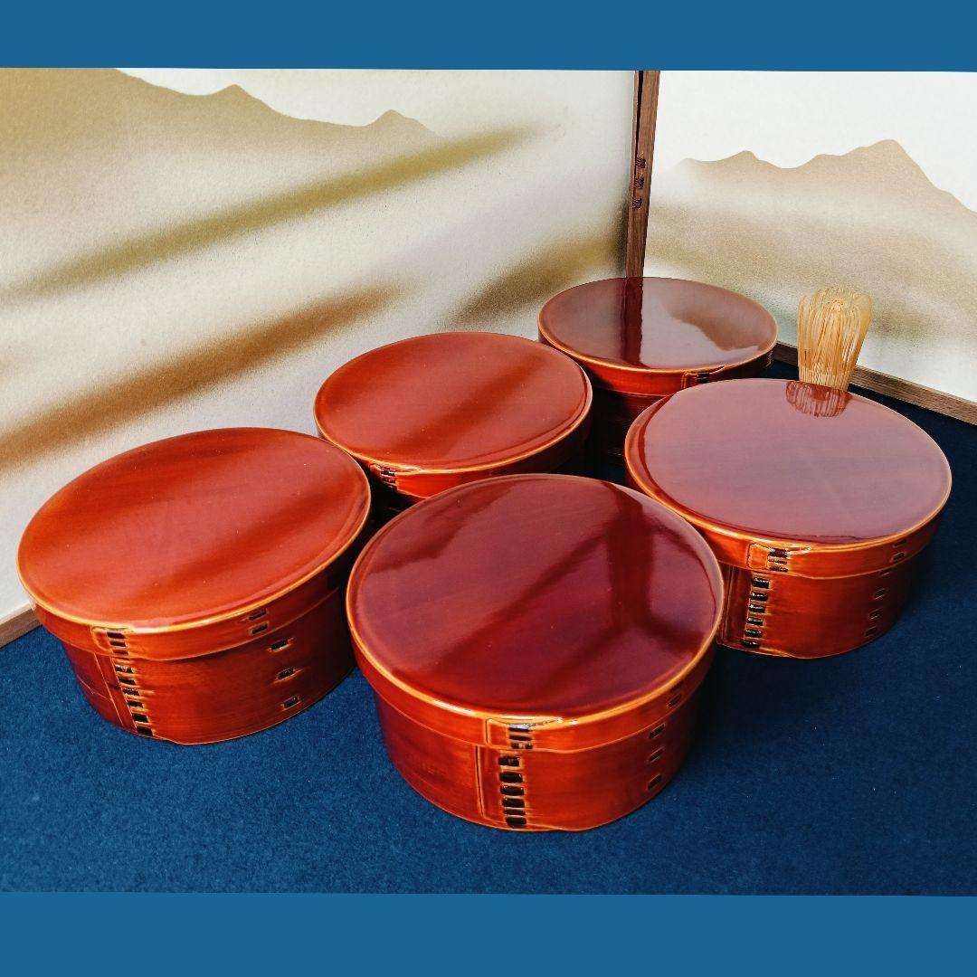 AN10 春慶 曲わっぱ 丸重 五客 蓋付弁当箱 木製漆器 紙箱 美品