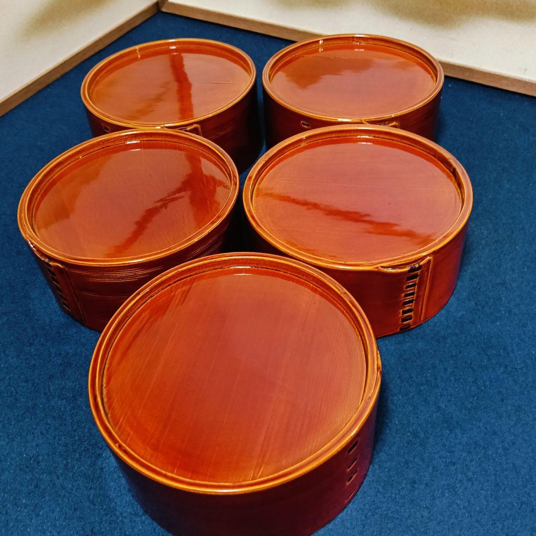 AN10 春慶 曲わっぱ 丸重 五客 蓋付弁当箱 木製漆器 紙箱 美品