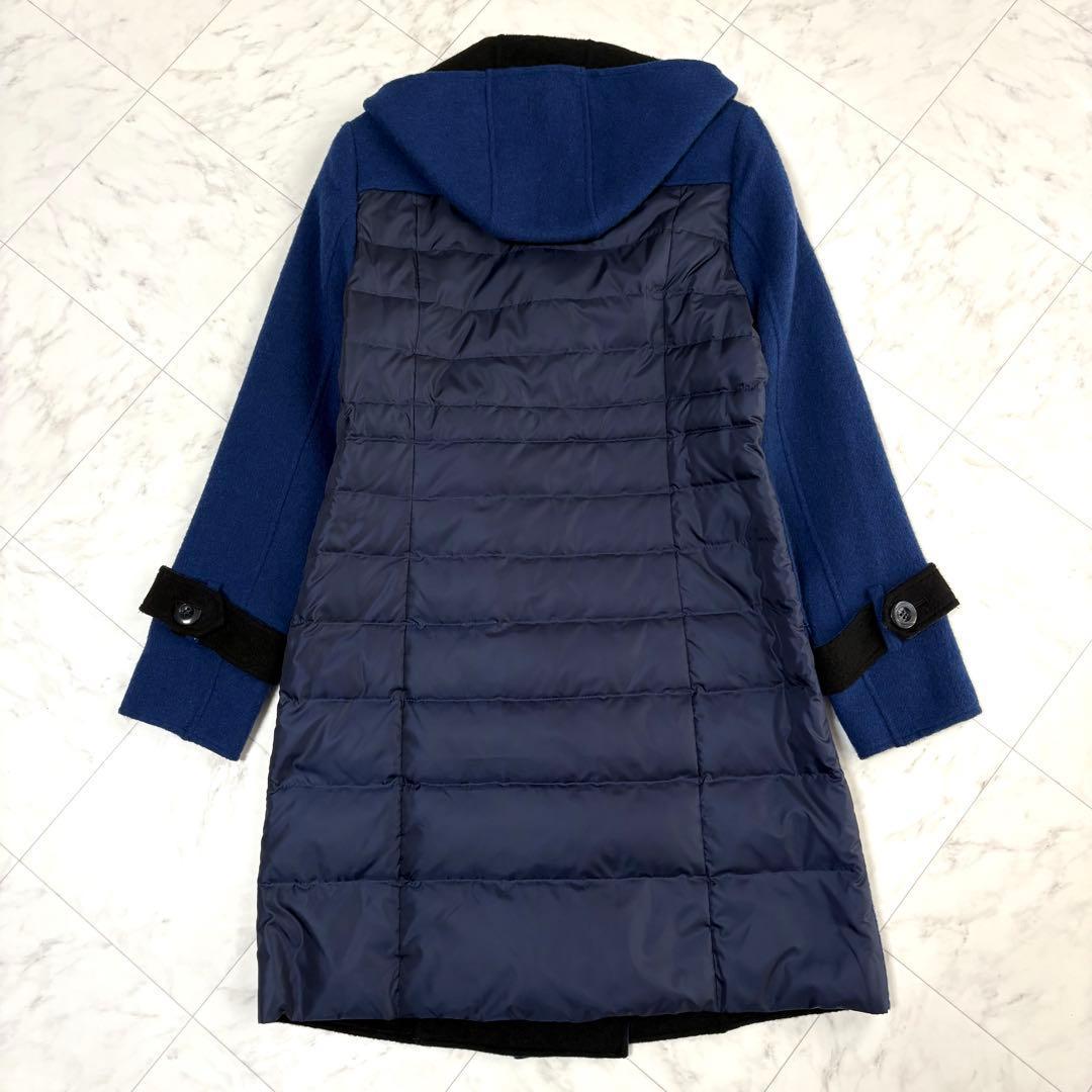 【Tu】ロングコート　ウール　ダウン　異素材切替　ドロスト　フード　新品　青　黒