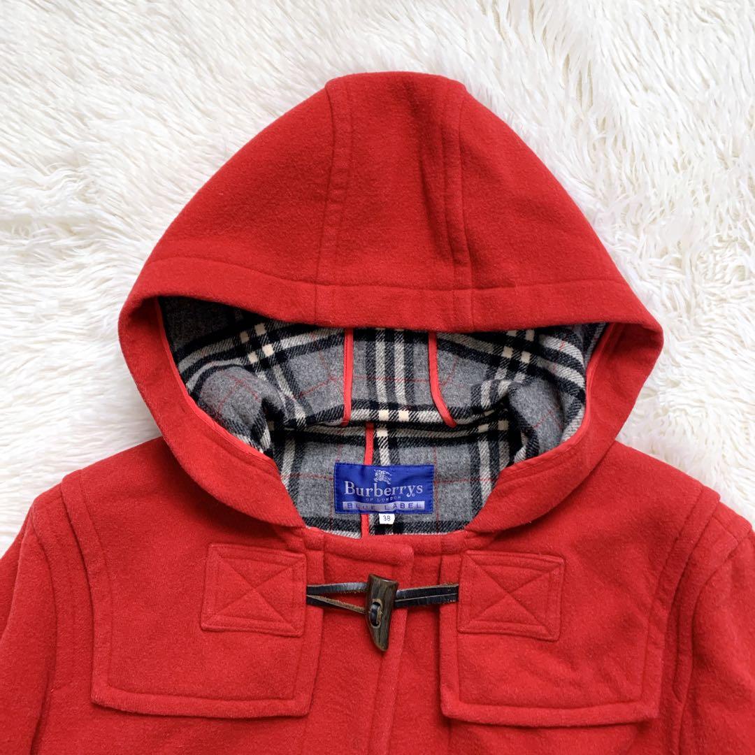 バーバリーブルーレーベル ダッフルコート 赤 ノバチェック ウール100% 38