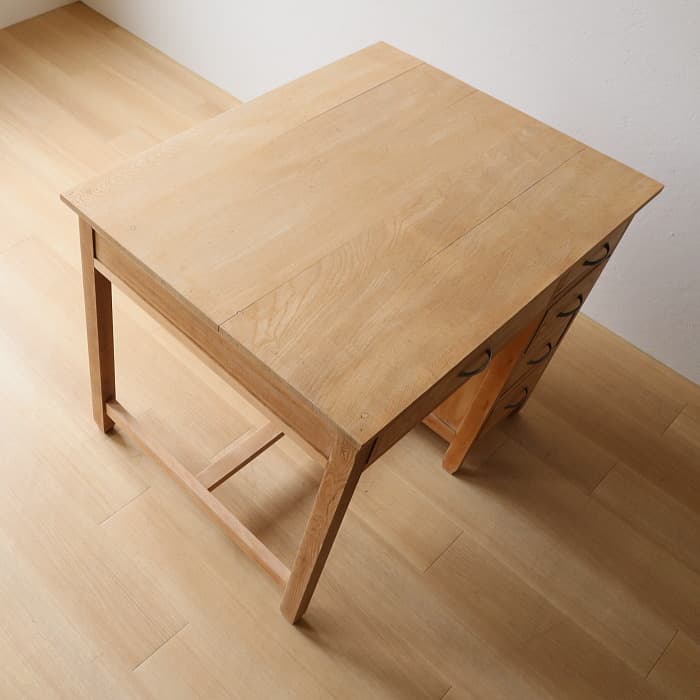 アンティーク タモ材 無塗装 片袖机 レトロ 無垢材 デスク 古家具