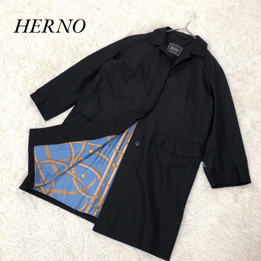 HERNO ヘルノ ステンカラーコート L 黒 シルク混 裏地スカーフ柄 比翼