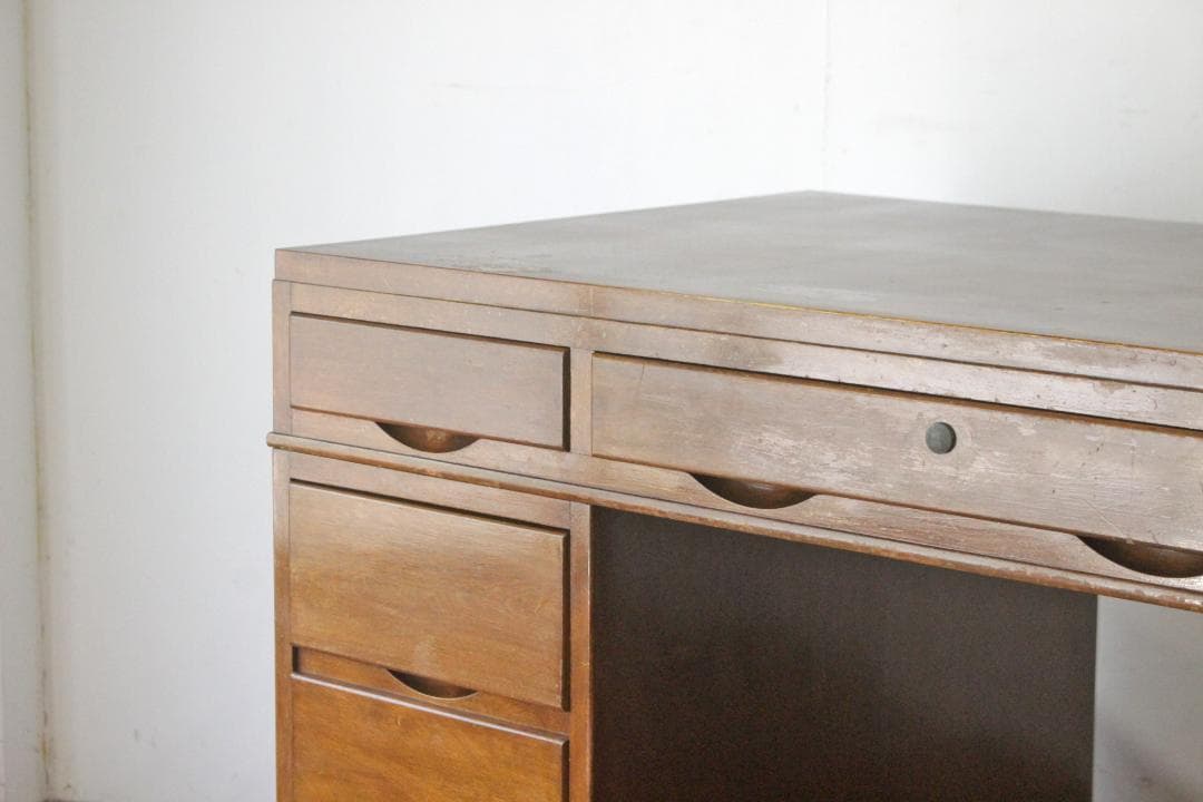 レトロ 両袖デスク 机 書斎 作業台 引き出し 抽斗 9杯 分割可能 木製