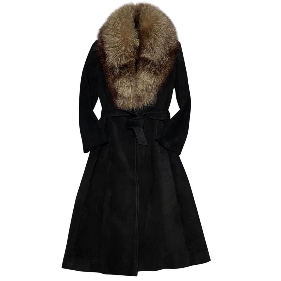 【本革×スエード×マキシ丈】大きいサイズ リアルレザーガウンコート ブラックXL