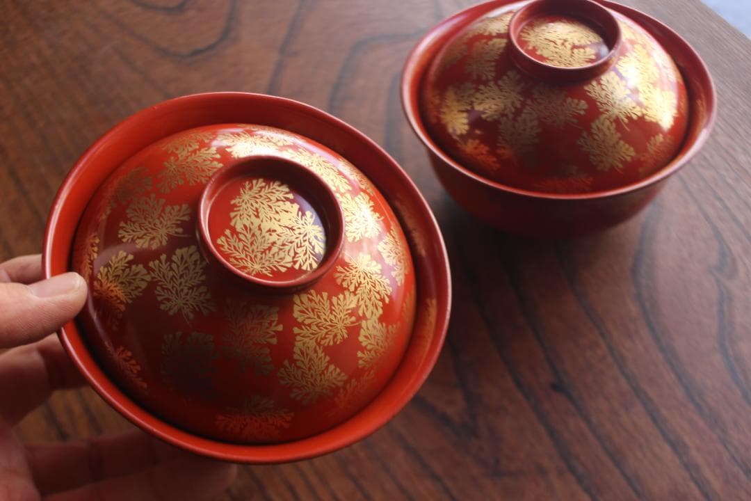 時代逸品！上質朱漆に極上信夫蒔絵の映えるお椀2点（検輪島塗懐石椀蒔絵椀