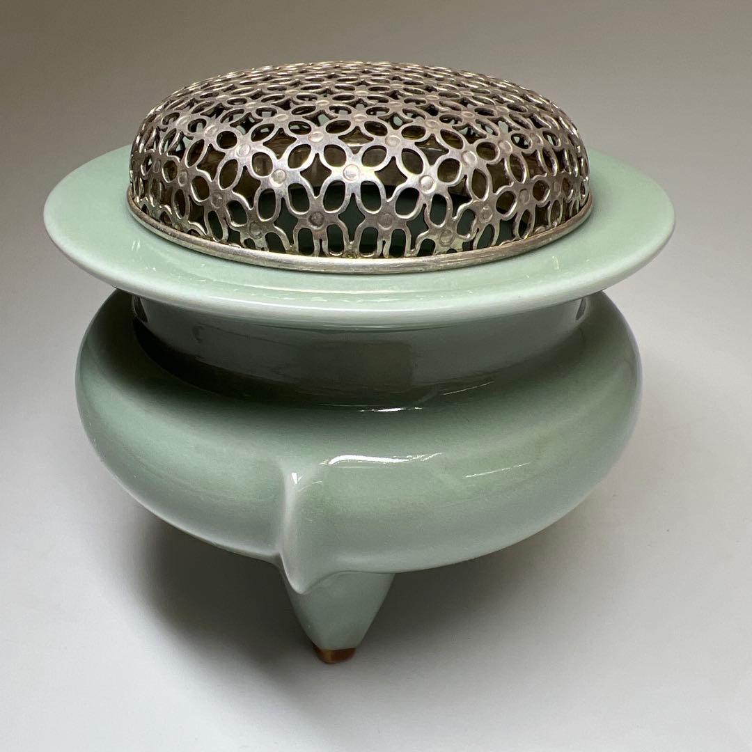 諏訪蘇山　銀火屋40g 青磁香炉　二重箱共箱　東Y8-0210☆2Fトニヒ