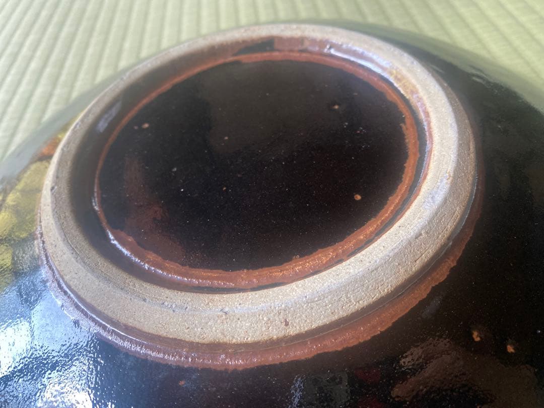 極上大皿！人間国宝濱田庄司作モダンな《黒釉錆流描大皿 》（検民芸スリップウェア