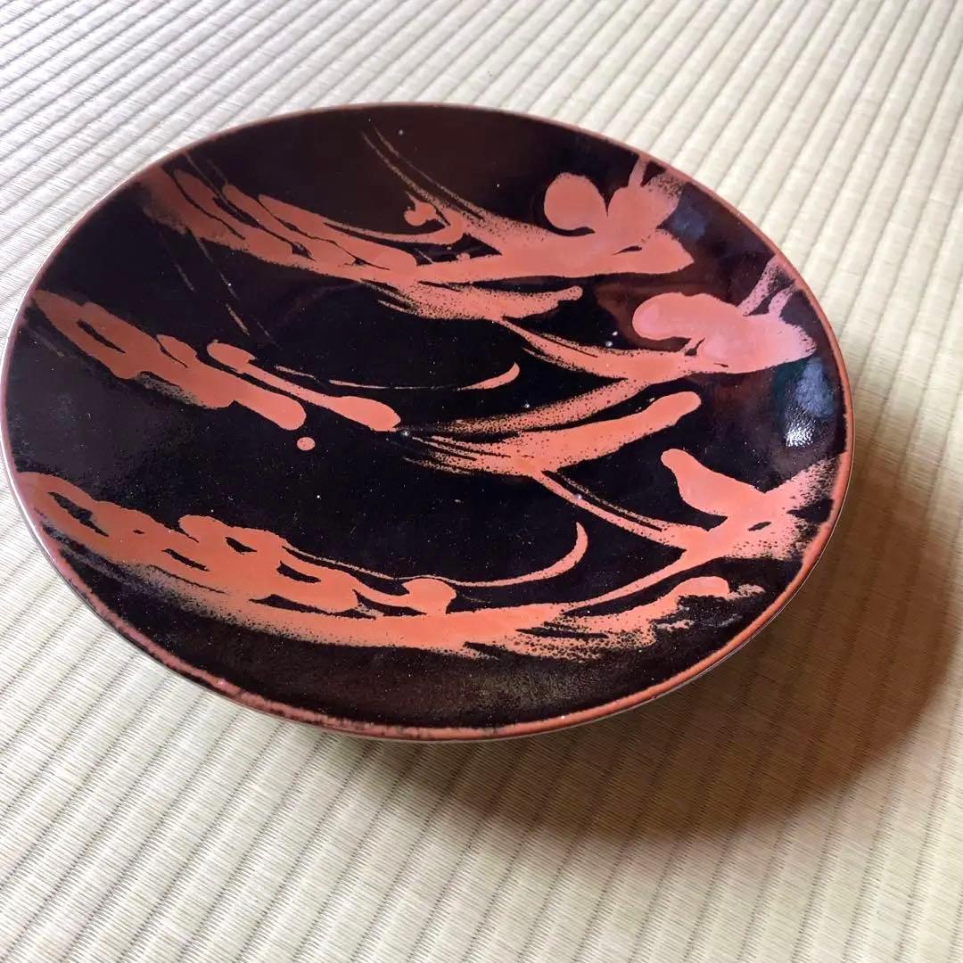 極上大皿！人間国宝濱田庄司作モダンな《黒釉錆流描大皿 》（検民芸スリップウェア