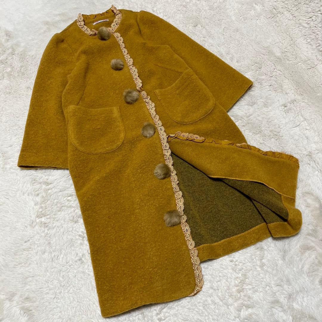 美品　yukiemon ユキエモン　ロング　コート　ノーカラー　ボンボン　レース