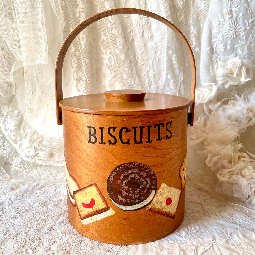 木製蓋付きビスケットジャー　キャニスター入れ持ち手ハンドルヨーロッパヴィンテージ