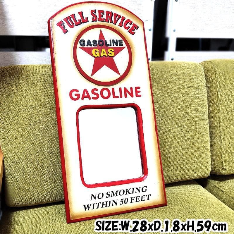 鏡 アンティーク 木製 ガソリン 壁掛け ウォールミラー GASOLINE 新品