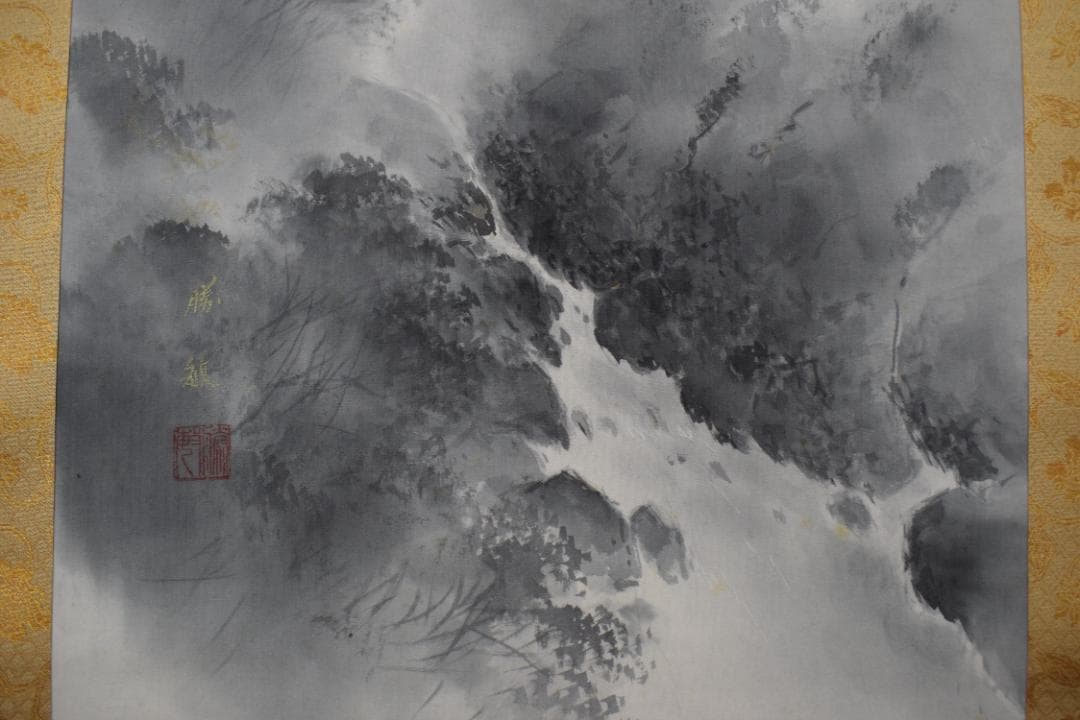 【真作】白石勝敏/山村之図/山水図/掛軸☆宝船☆Y-595　JM