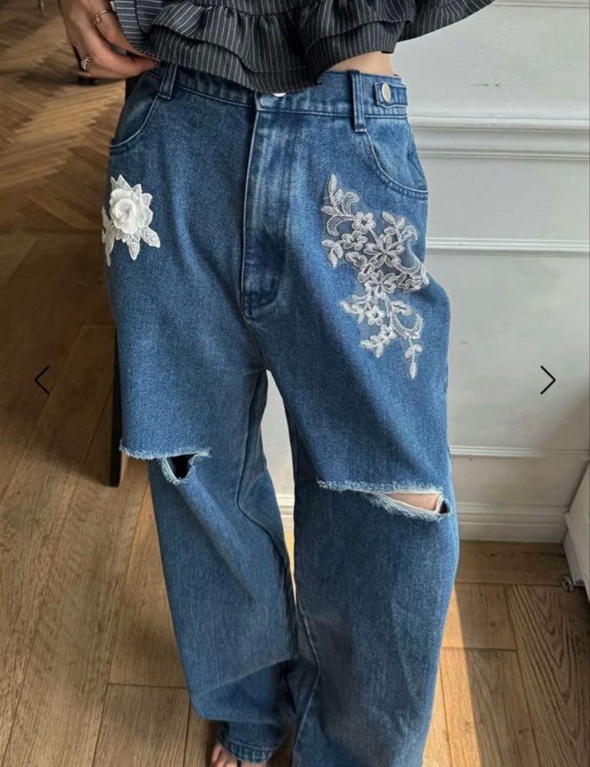 ウィルフリーサイズアジャストモチーフレースルーズデニムパンツM