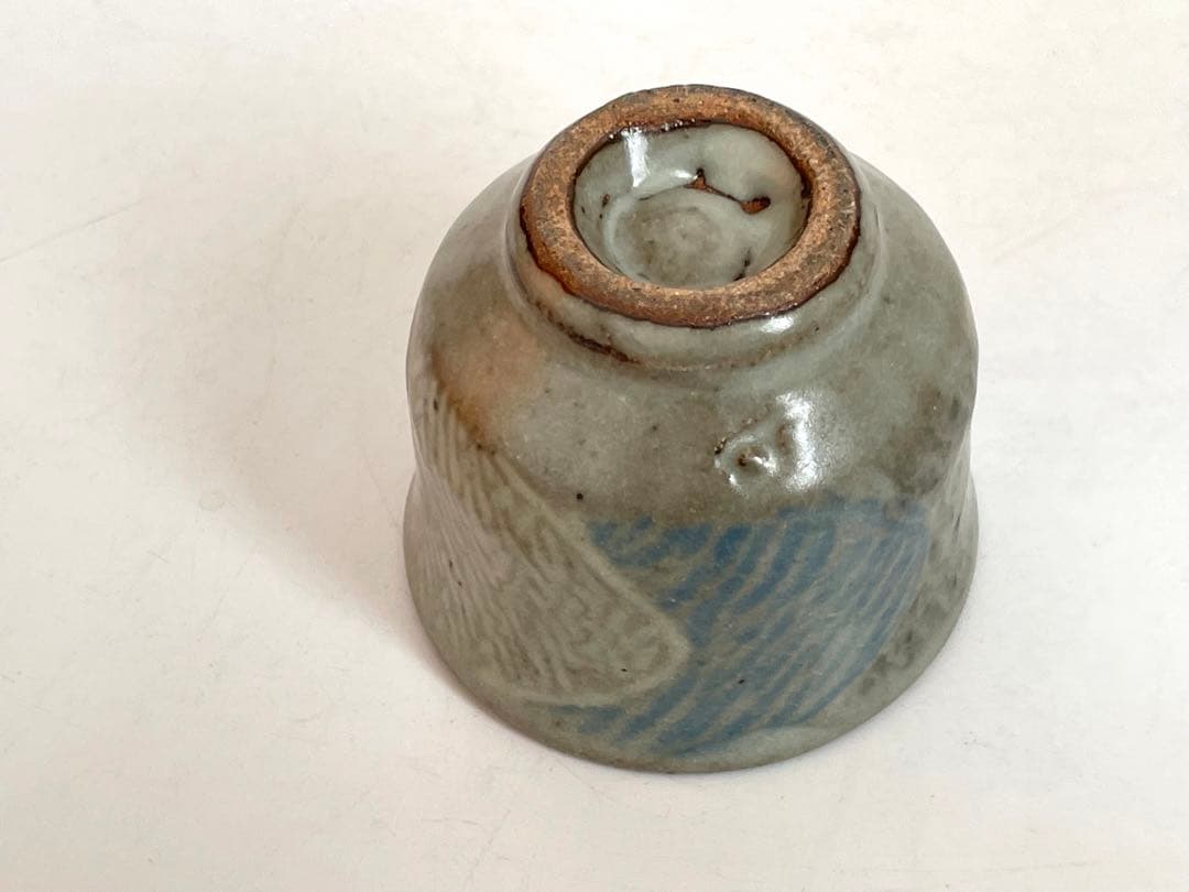 陶芸家　人間国宝　島岡達三　地釉縄文象嵌ぐい呑　酒器　酒盃　師　濱田庄司　共箱