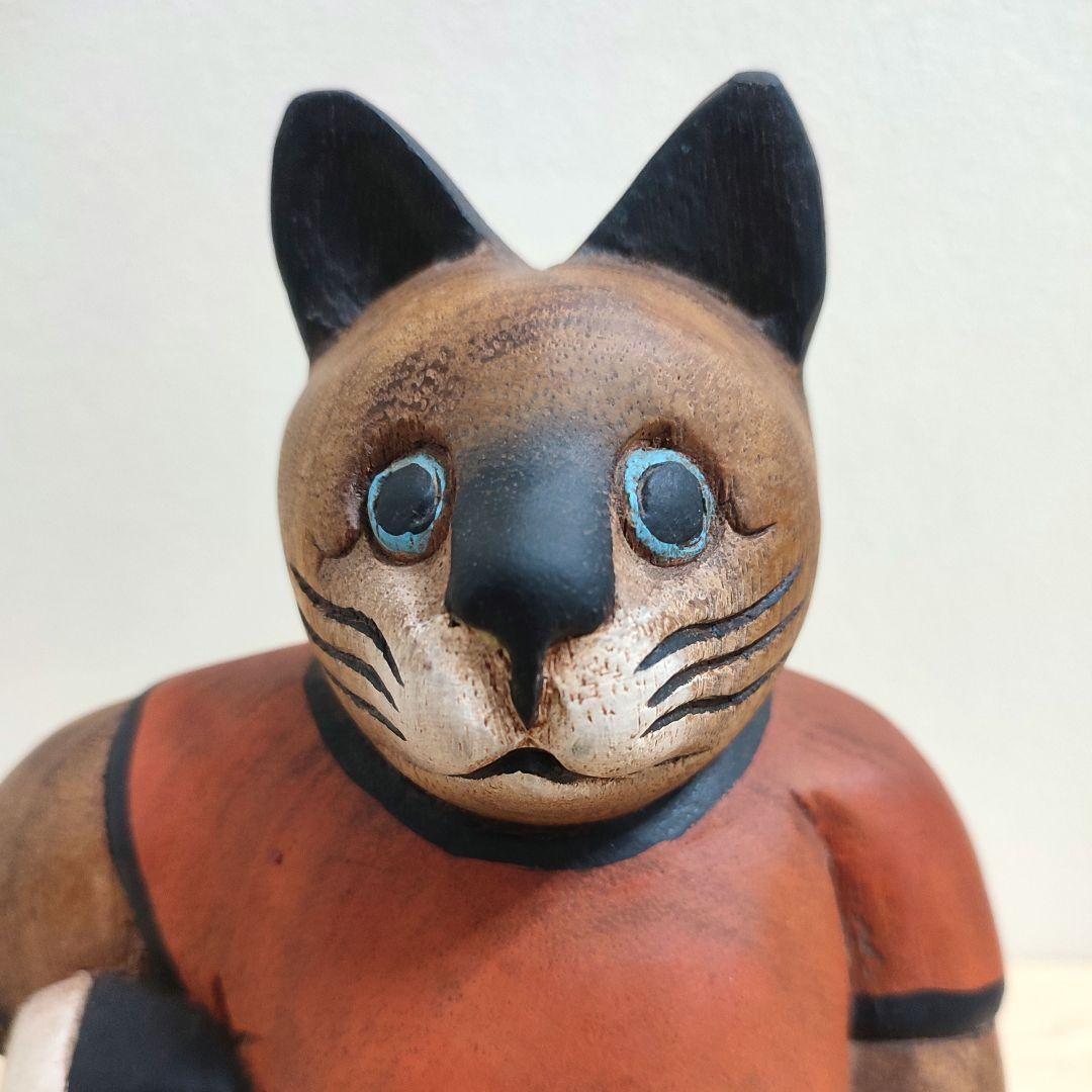 【アンティーク】木彫りの猫のオブジェ