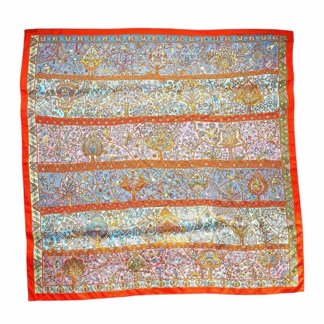 美品 エルメス カレジェアン ストール カシミヤ シルク 花咲く鳥たちの国で 橙