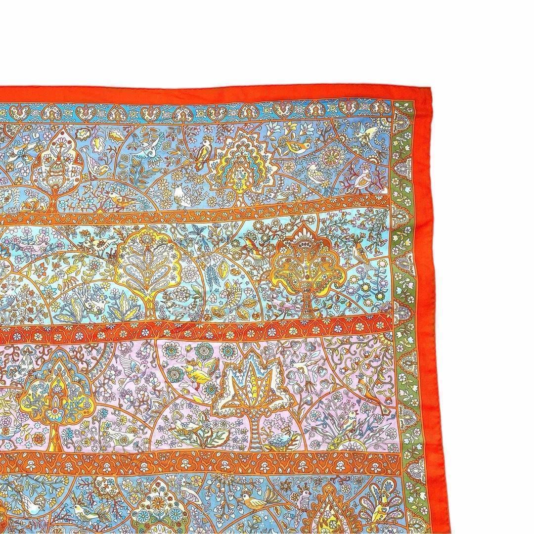 美品 エルメス カレジェアン ストール カシミヤ シルク 花咲く鳥たちの国で 橙