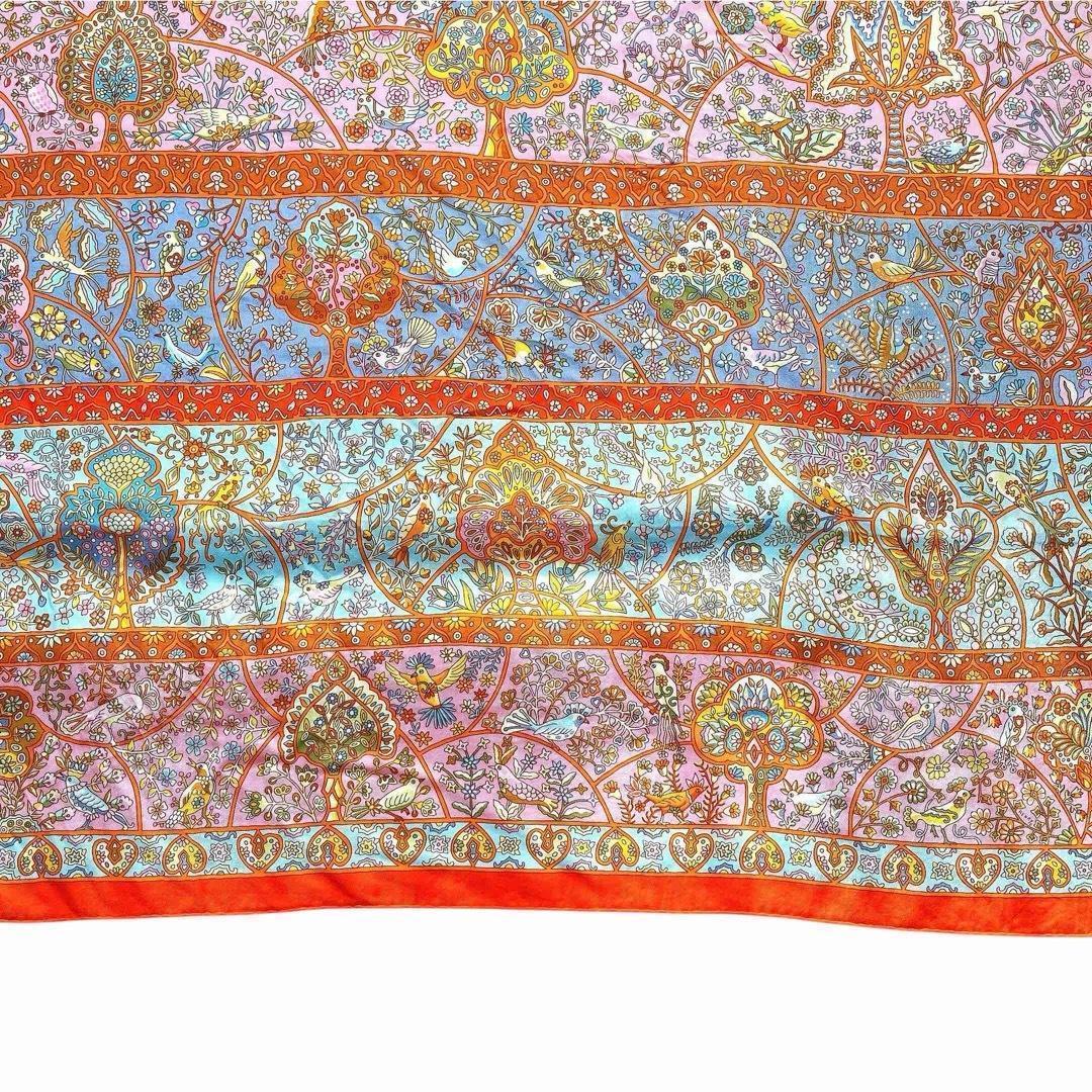 美品 エルメス カレジェアン ストール カシミヤ シルク 花咲く鳥たちの国で 橙