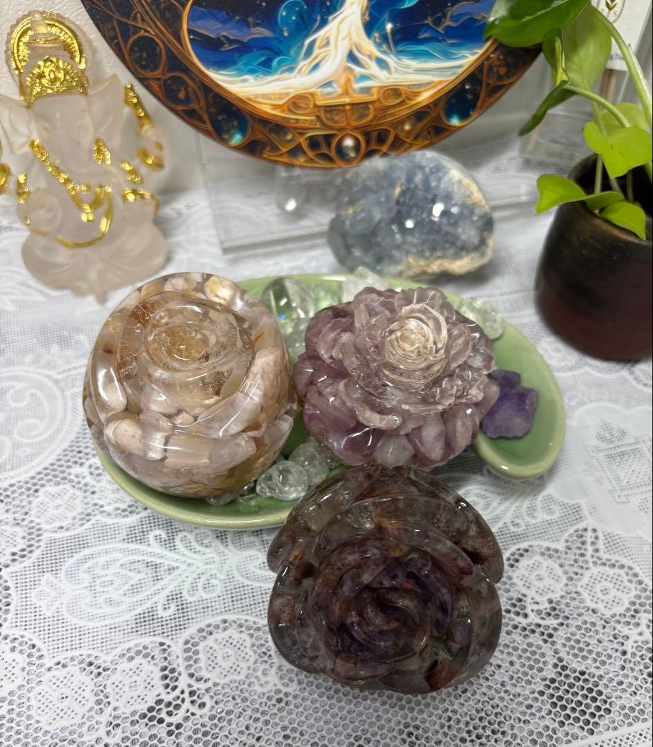 オルゴナイト フリルなバラ デザートローズ＆ ディープローズクォーツ