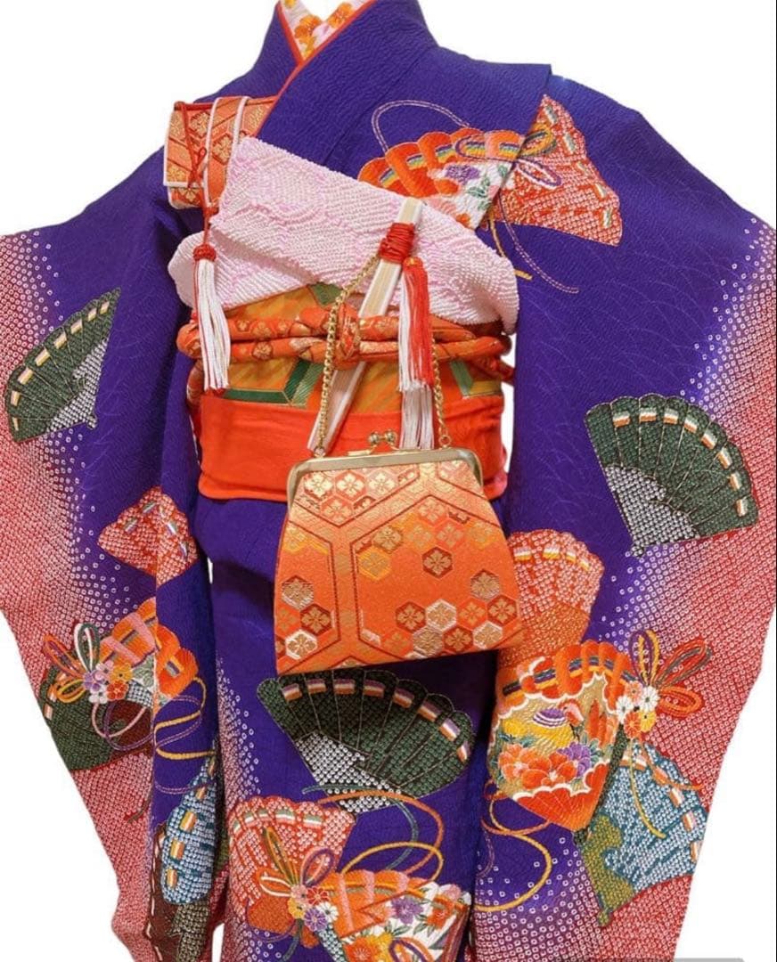 紫　七五三　7歳　女の子　セット　一式　絞り風　鹿の子　ポリエステル