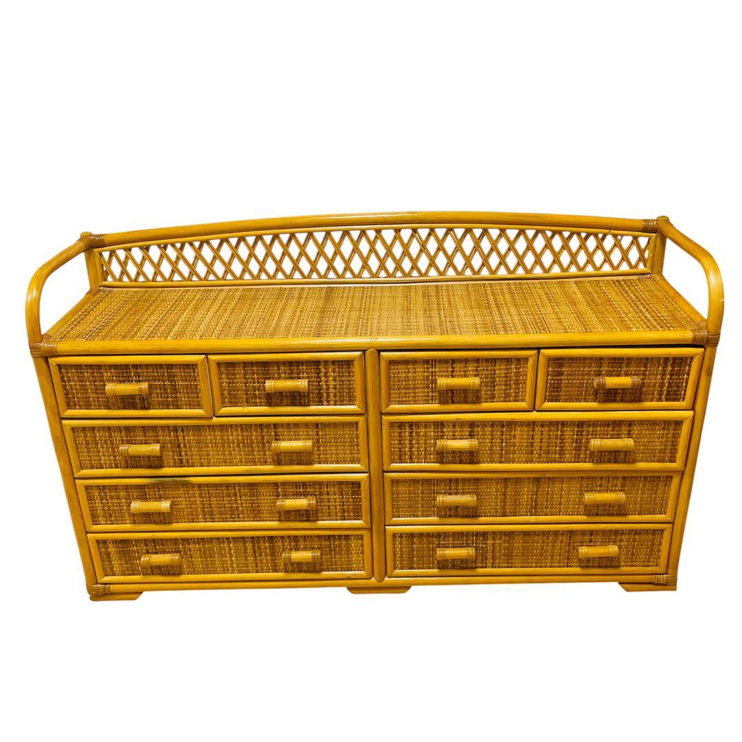 【大人気】ラタン 籐 ワイド ローチェスト 棚 10杯 昭和レトロ ヴィンテージ