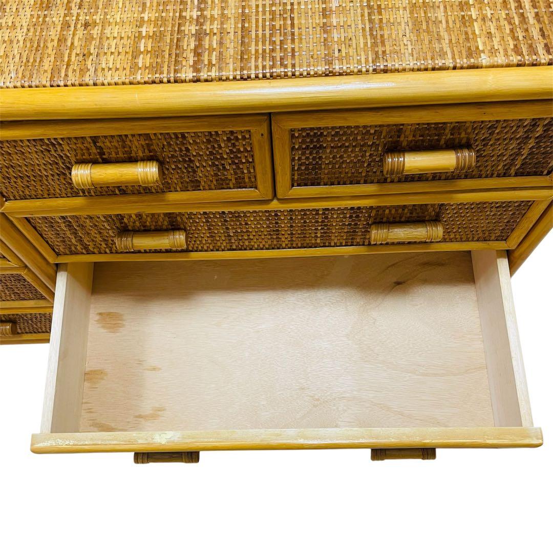 【大人気】ラタン 籐 ワイド ローチェスト 棚 10杯 昭和レトロ ヴィンテージ