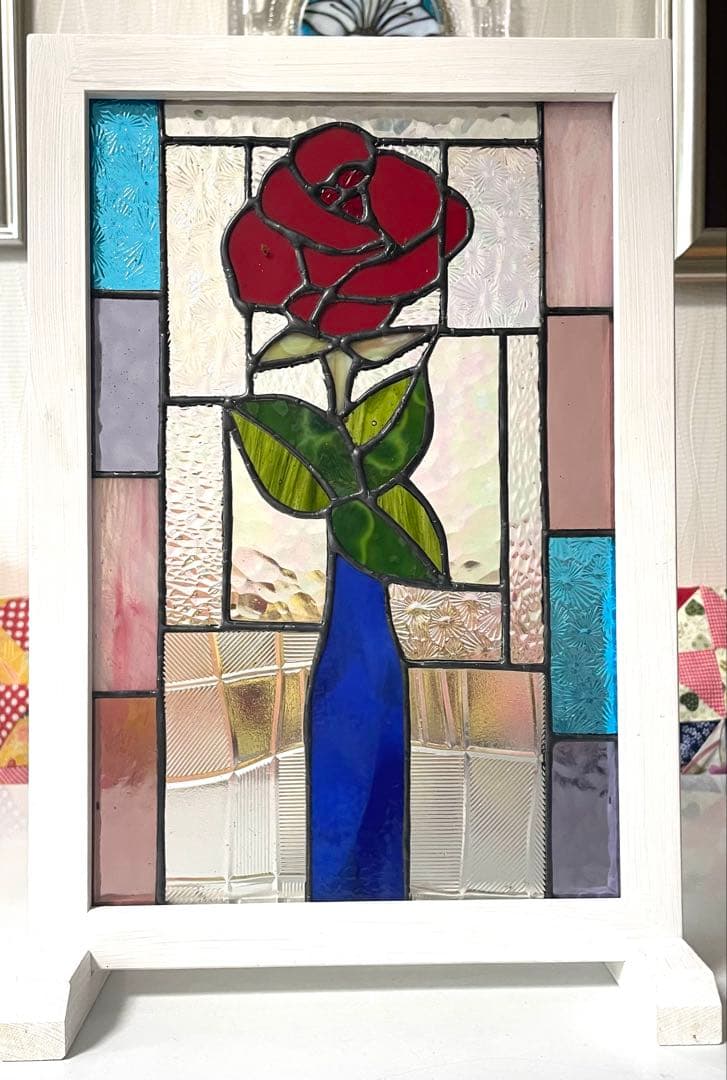ステンドグラス　パネル【一輪の赤い薔薇】