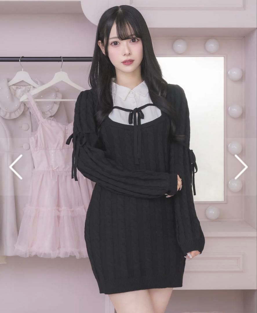 pium レイヤードケーブルニットワンピース ブラックxホワイト