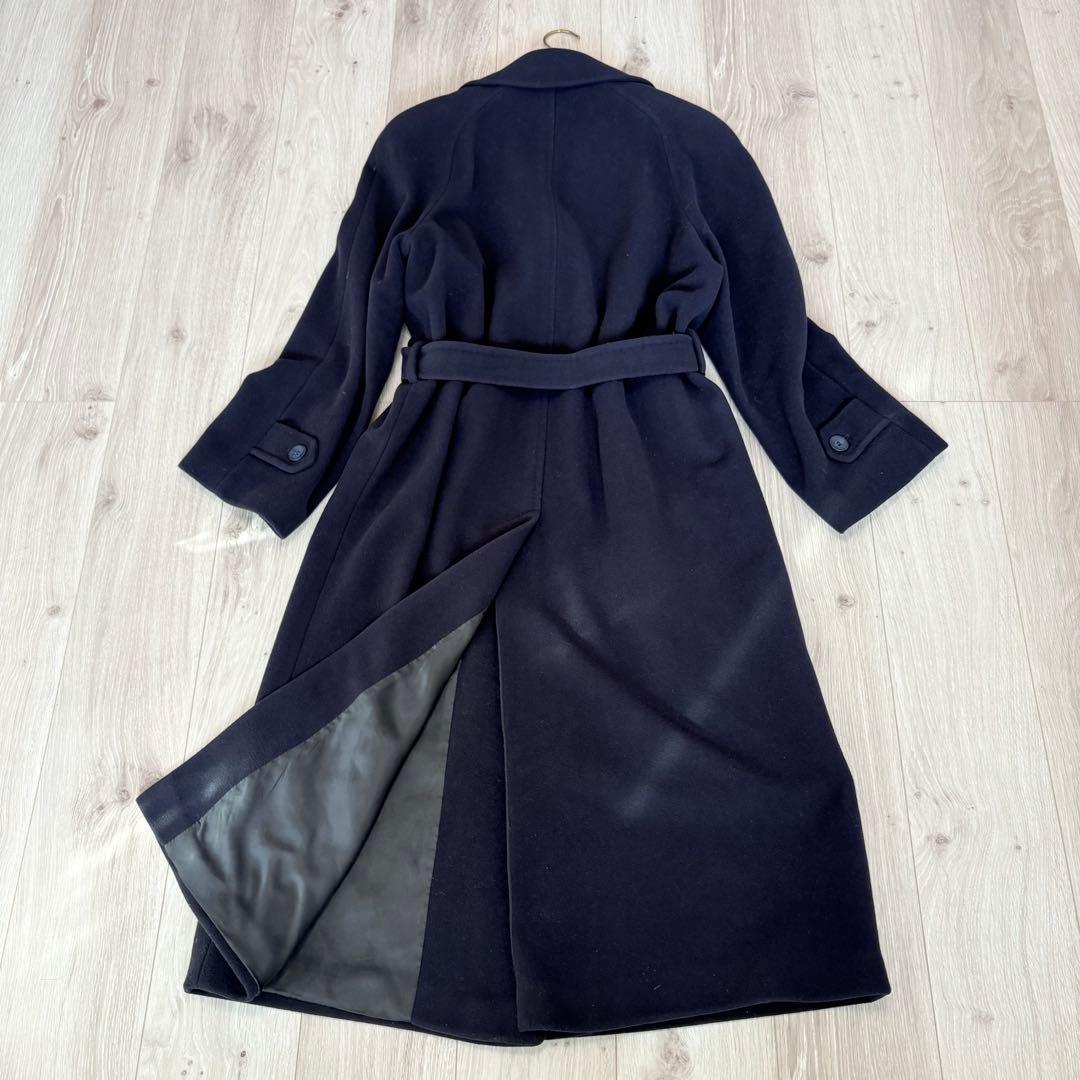 【美品】カシミヤ混　ダブルブレスト　ロングコート　 女優襟　ベルト　ネイビー　L