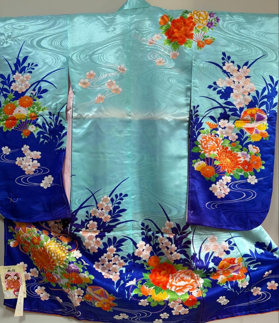 七五三　3才　ブルー　三ツ身　晴れ着　未使用　汚れ防止加工済　長襦袢付