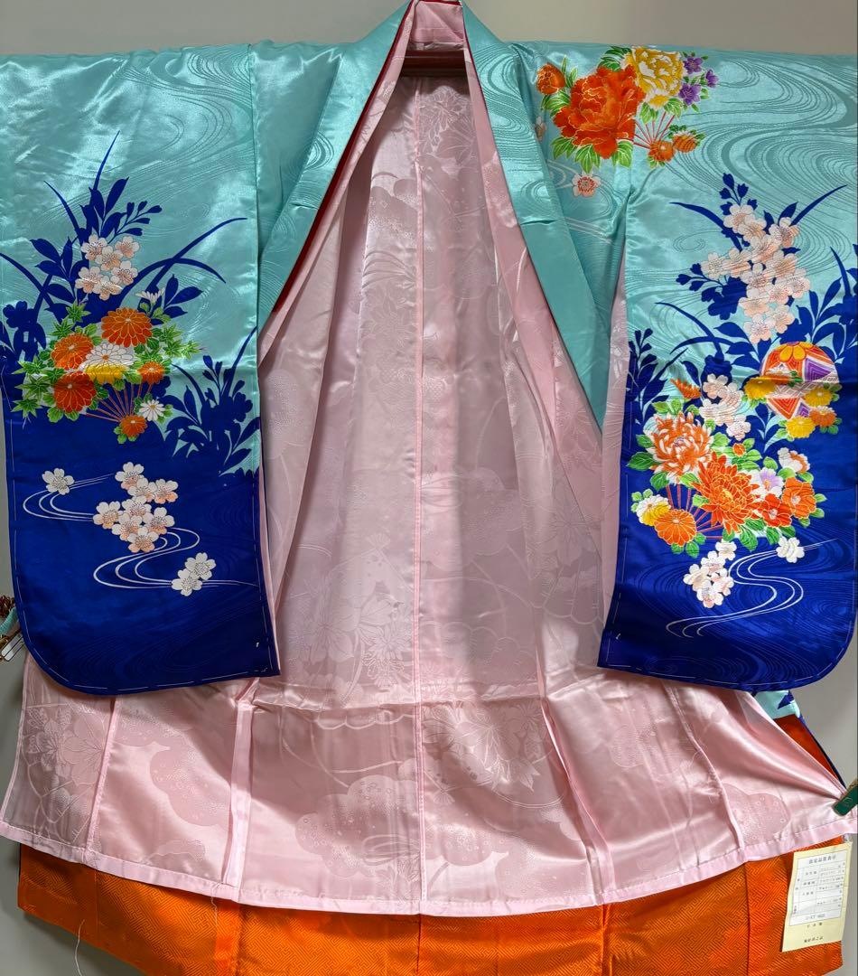 七五三　3才　ブルー　三ツ身　晴れ着　未使用　汚れ防止加工済　長襦袢付