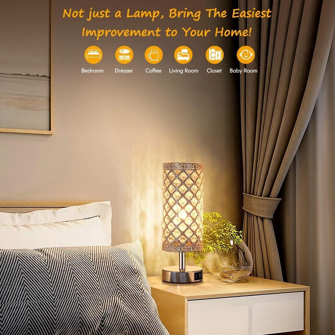 クリスタルテーブルランプ モダン タッチ調光 USB充電ポート付き