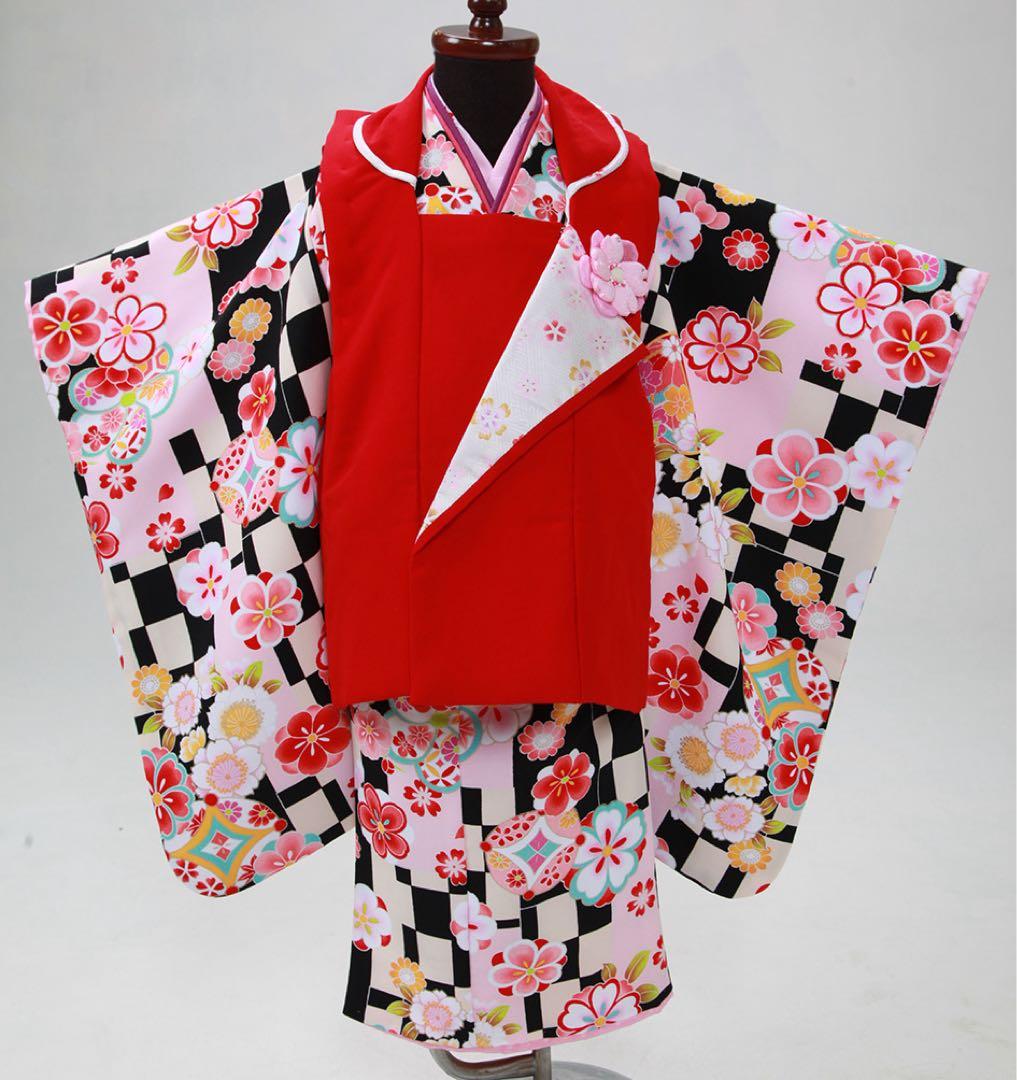 七五三3歳被布赤とピンクの花柄着物