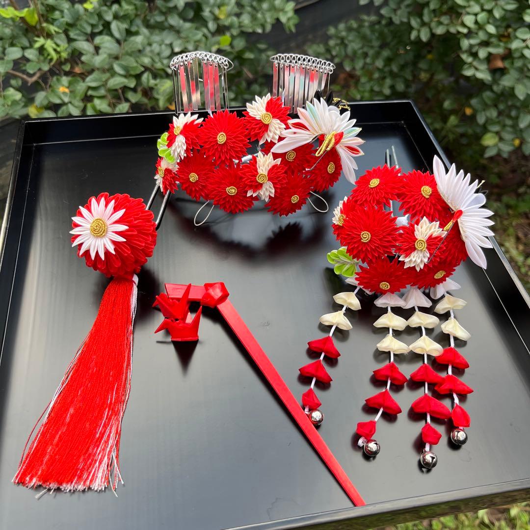 勝山髪飾り 七五三 7歳 (赤) 鶴