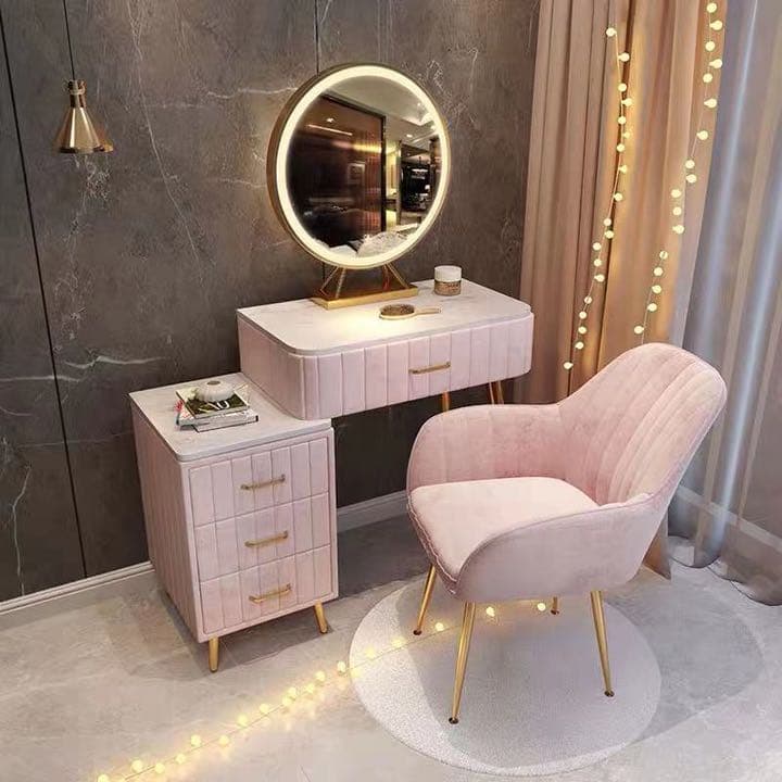 オシャレドレッサー大理石柄ベロア生地デスク60cmLEDミラチェアチェスト4点