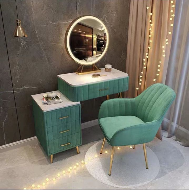 オシャレドレッサー大理石柄ベロア生地デスク60cmLEDミラチェアチェスト4点