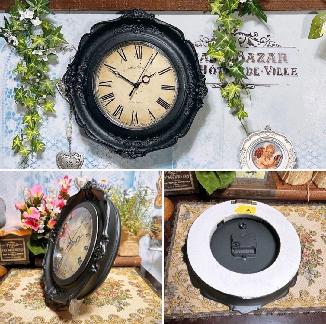 アンティーク雑貨 ロココ調 ウォールクロック（ブラック②） 壁掛け時計
