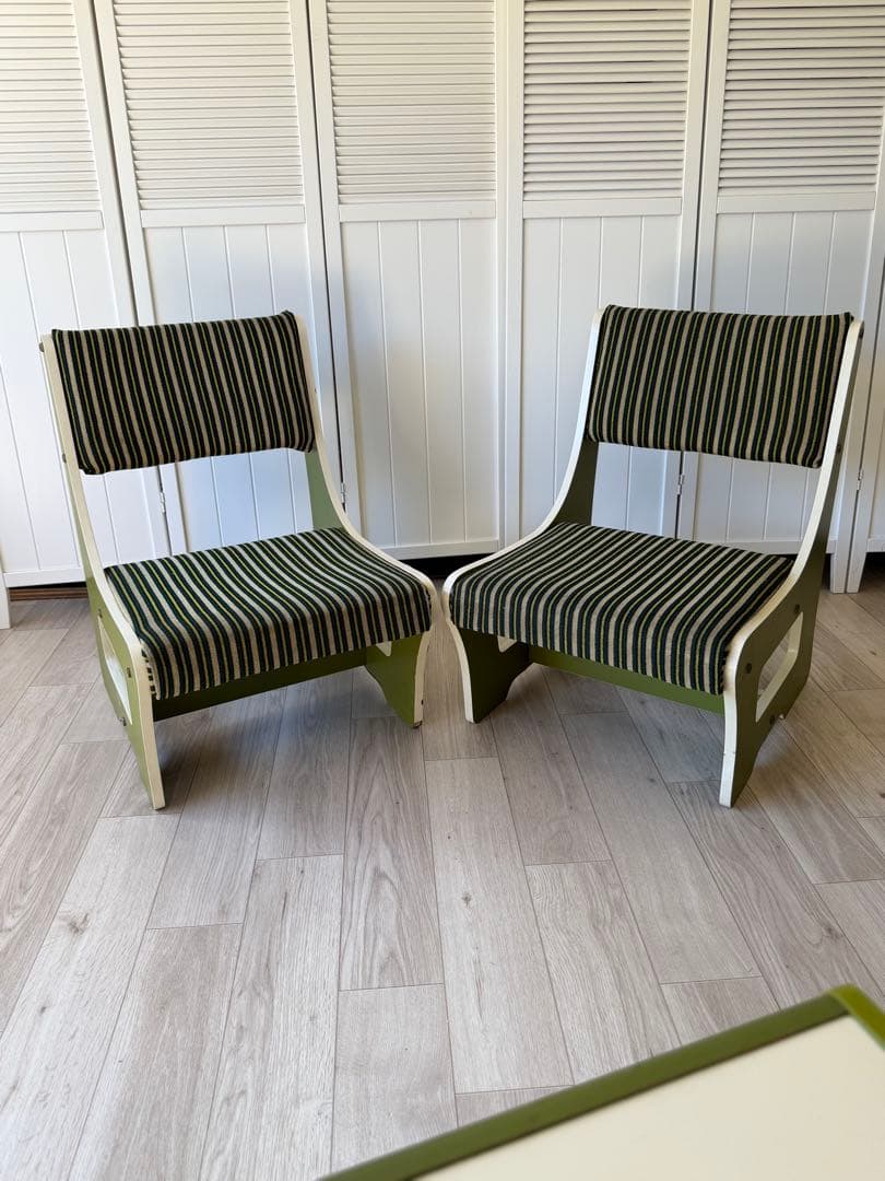 ②ソファ椅子 昭和レトロポップ 椅子 テーブル セット グリーンストライプ