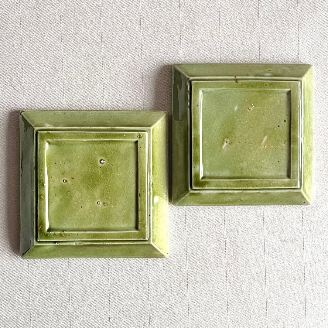 ★アンティーク　希少品 ★交趾焼　網目角皿　萌葱色 2枚